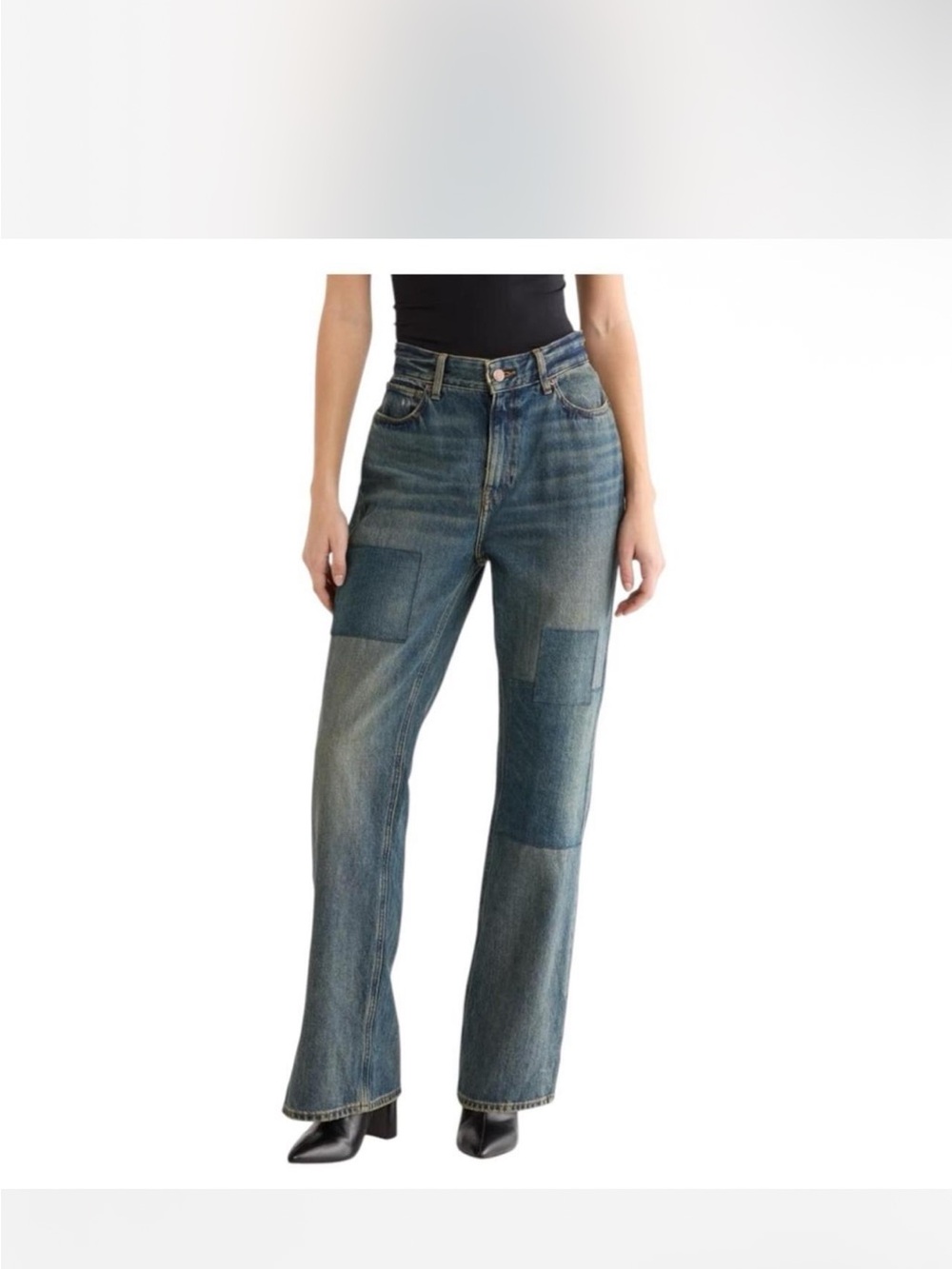Good American Patchwork Straight-Leg Jeans - Medium Blue